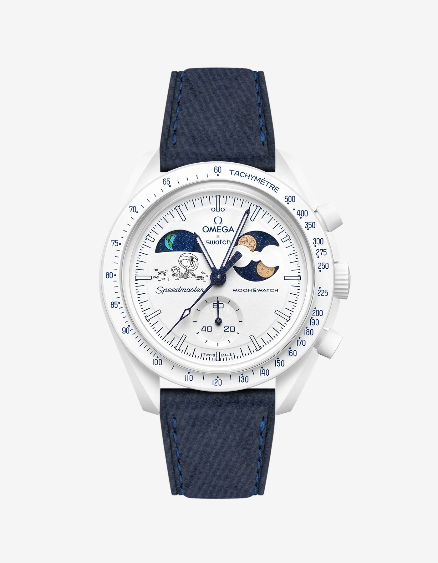 Dark Blue Denim Leather Strap on Omega x Swatch MoonSwatch Mission To Earthphase - Moonshine Gold Cold Moon