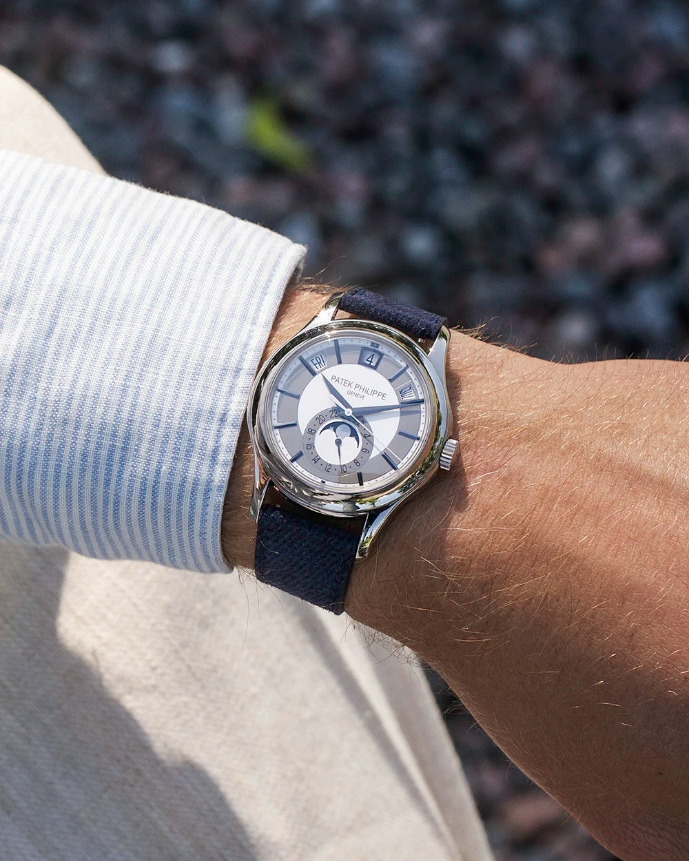 Dark Blue Denim Watch Strap 20mm on Patek Philippe– wrist shot with shirt