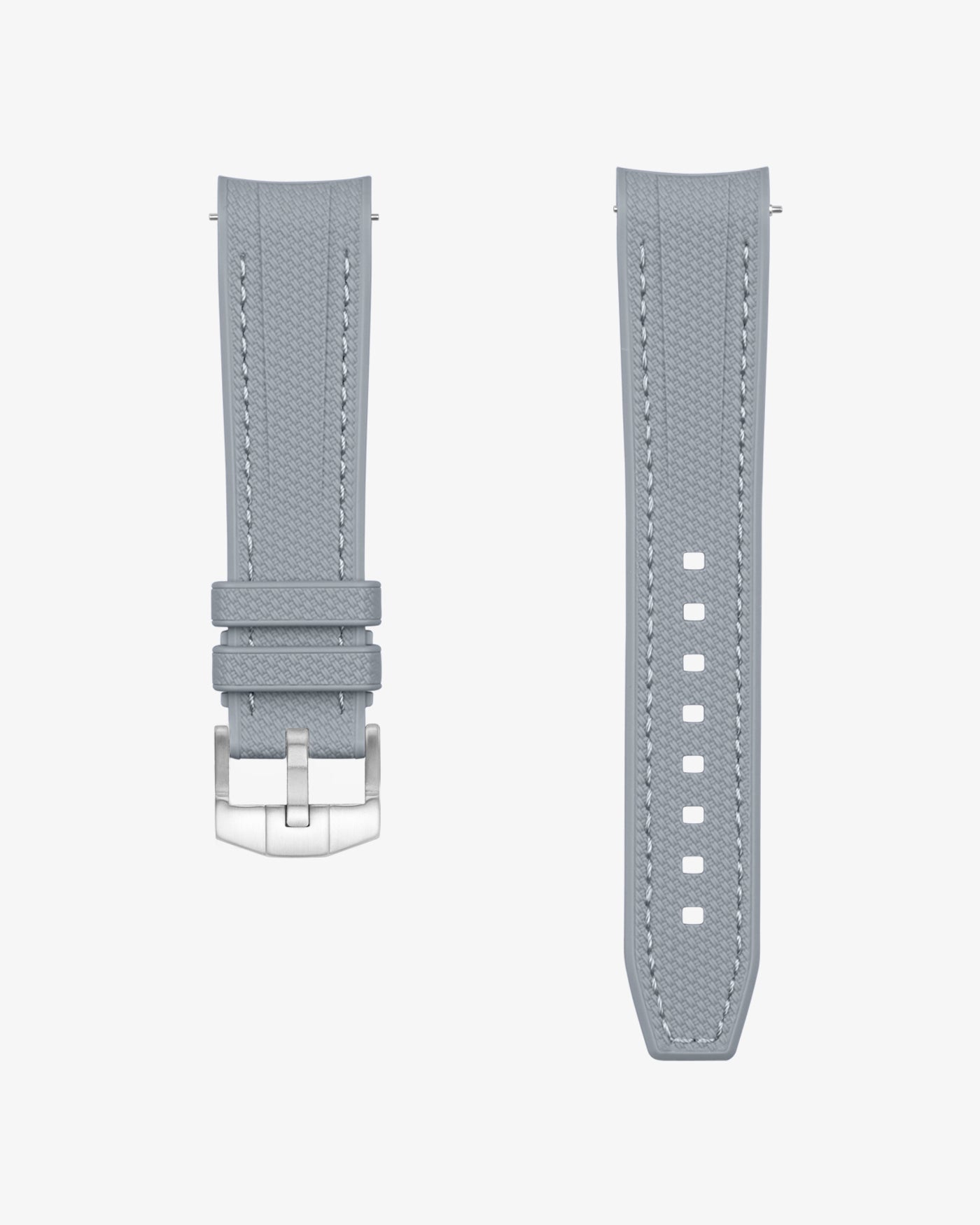 dark grey rubber watch strap with silver buckle on a white background
