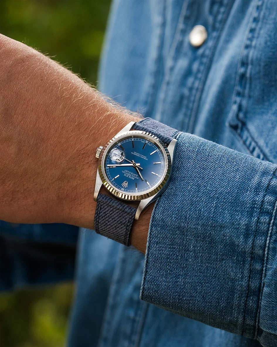 Classic blue denim strap styled with Rolex Datejust – fits 18mm and 21mm lugs