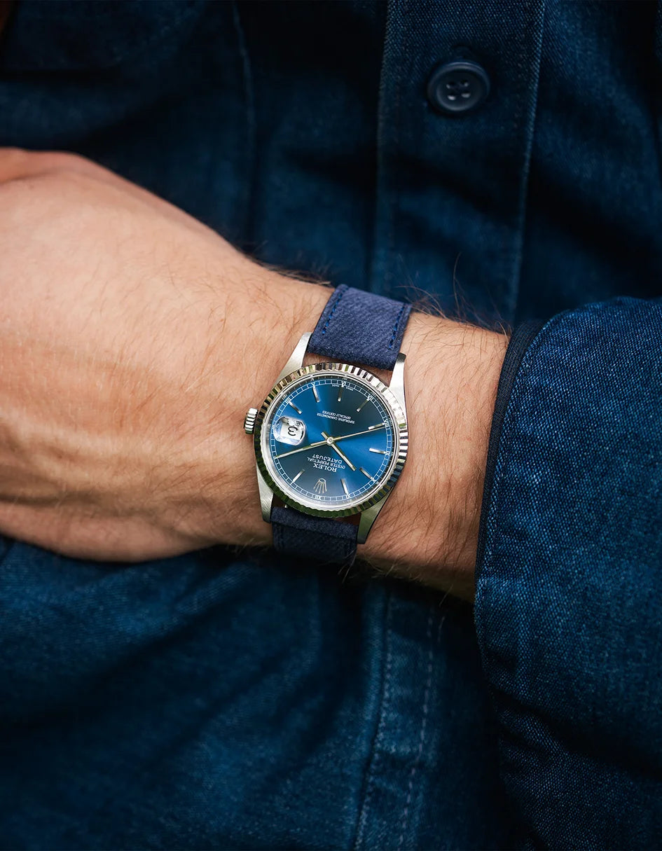 Rolex watch with dark blue denim strap from 18mm–21mm multi-size collection.