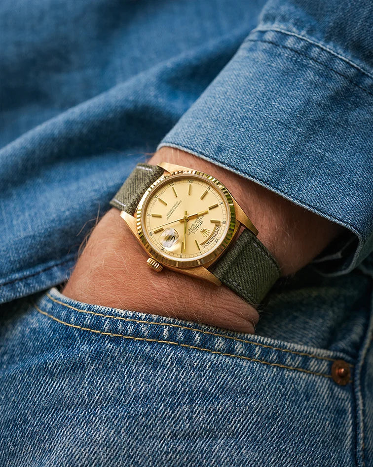 Military green denim strap on gold Rolex – part of our universal 18–21mm series.