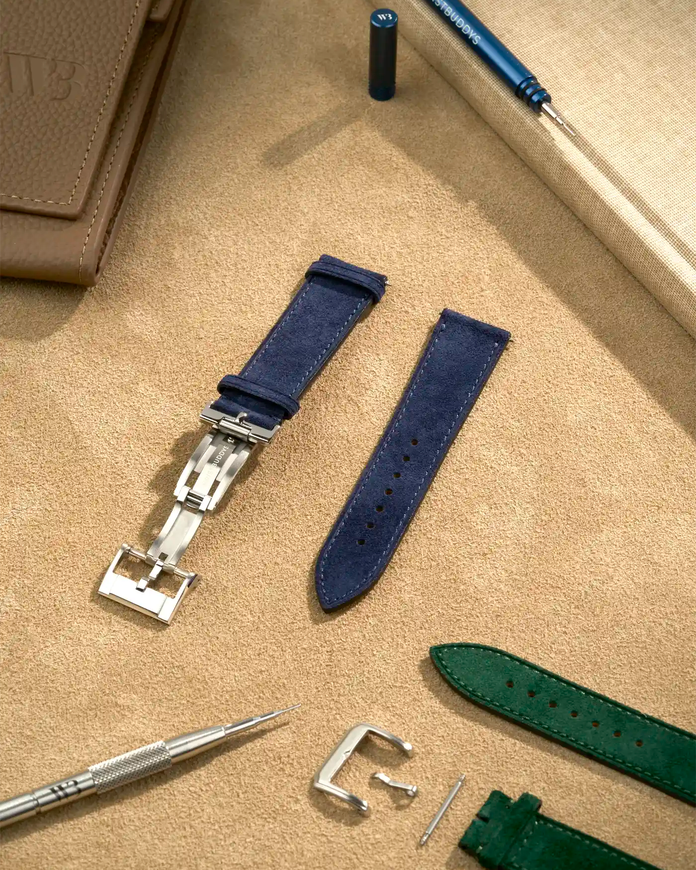 Deployant clasp mounted on suede leather strap with tools – perfect fit for Wristbuddys leather straps