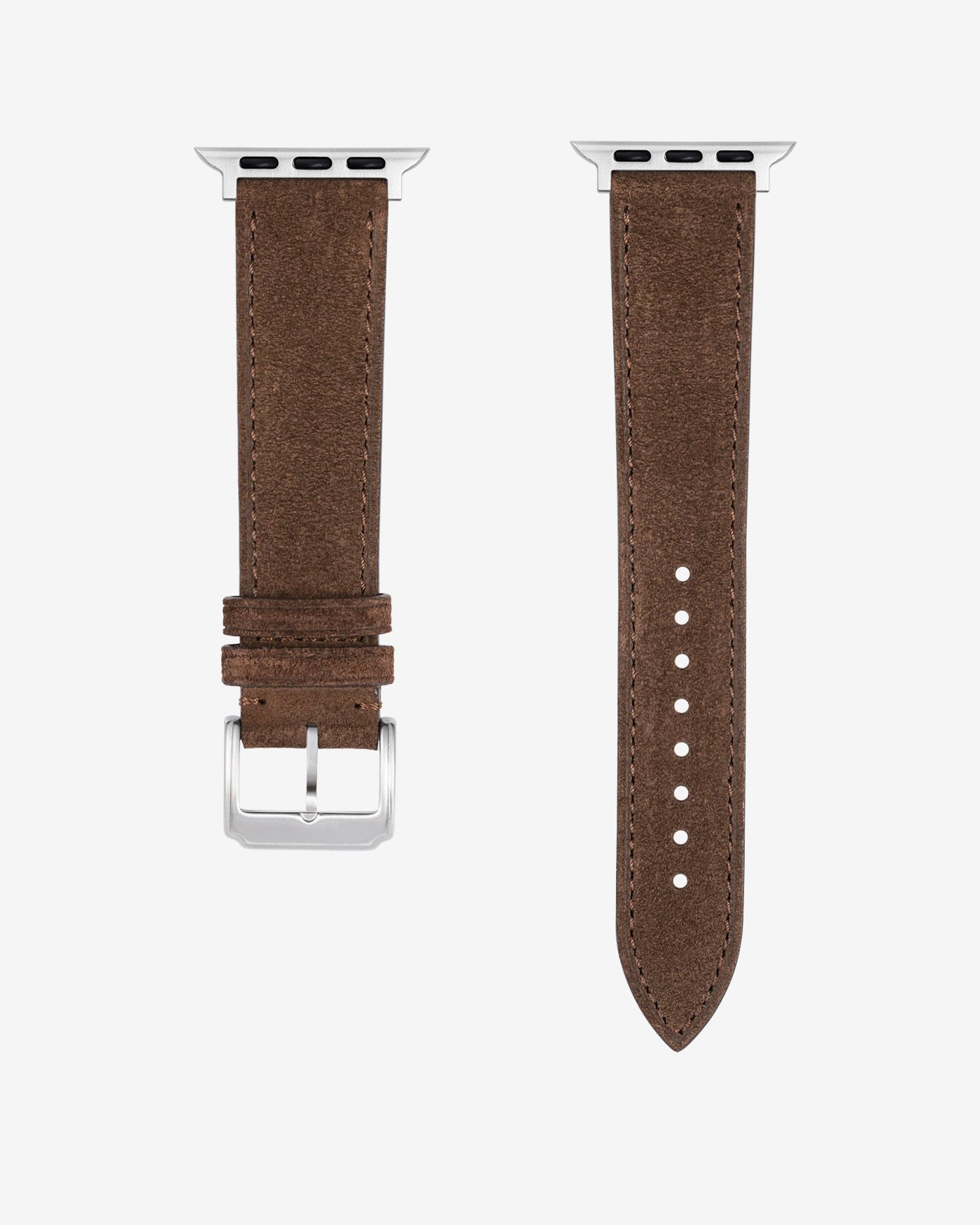 Brown leather Apple Watch band in Suede with silver buckle - in detail