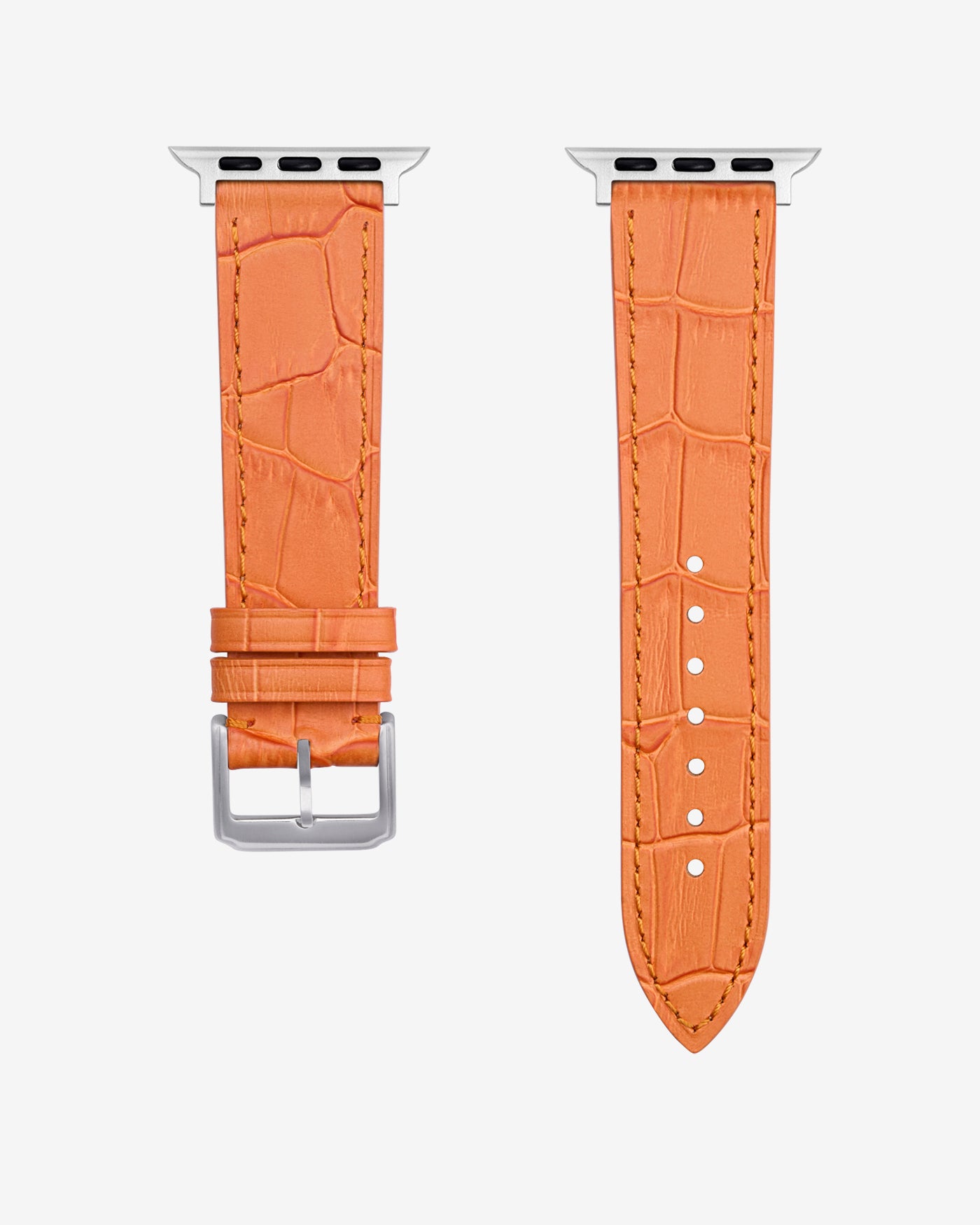 Orange leather Apple Watch band in Embossed Alligator with silver buckle - in detail