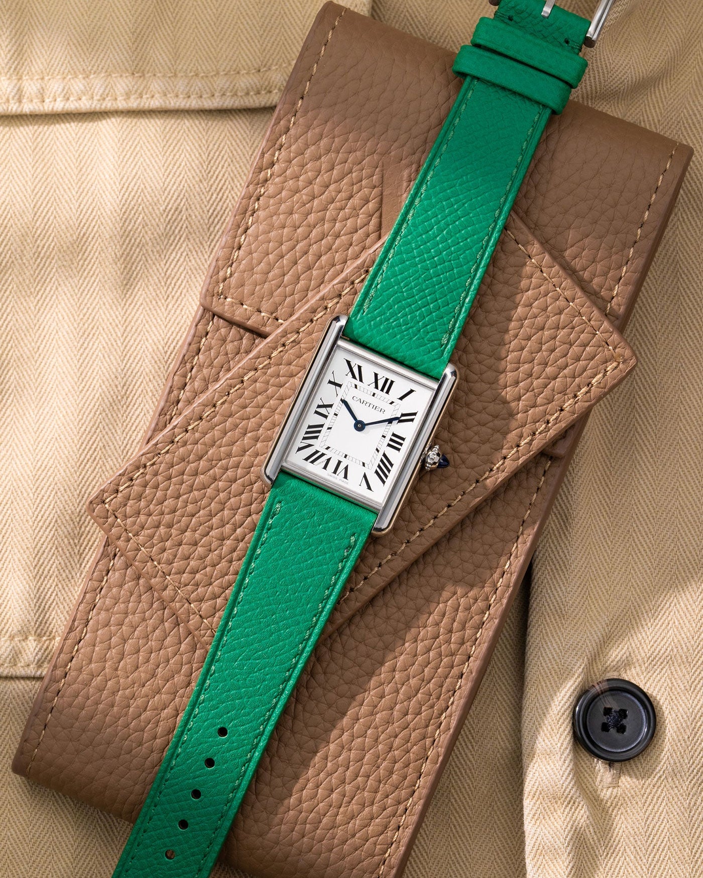 Green Epsom Leather Strap 17mm - 21mm Flat Lay on Brown Pouch - Wristbuddys