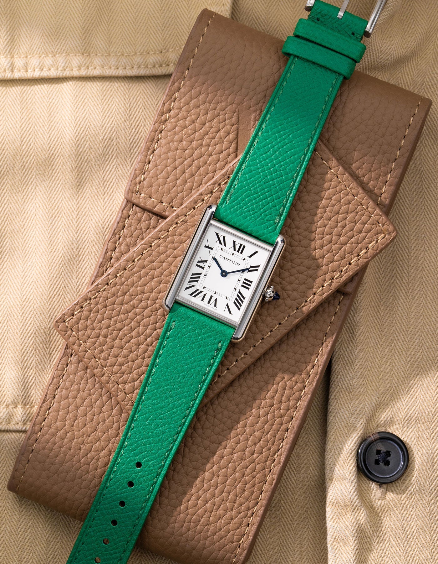 Green Epsom Leather Strap 17mm - 21mm Flat Lay on Brown Pouch - Wristbuddys