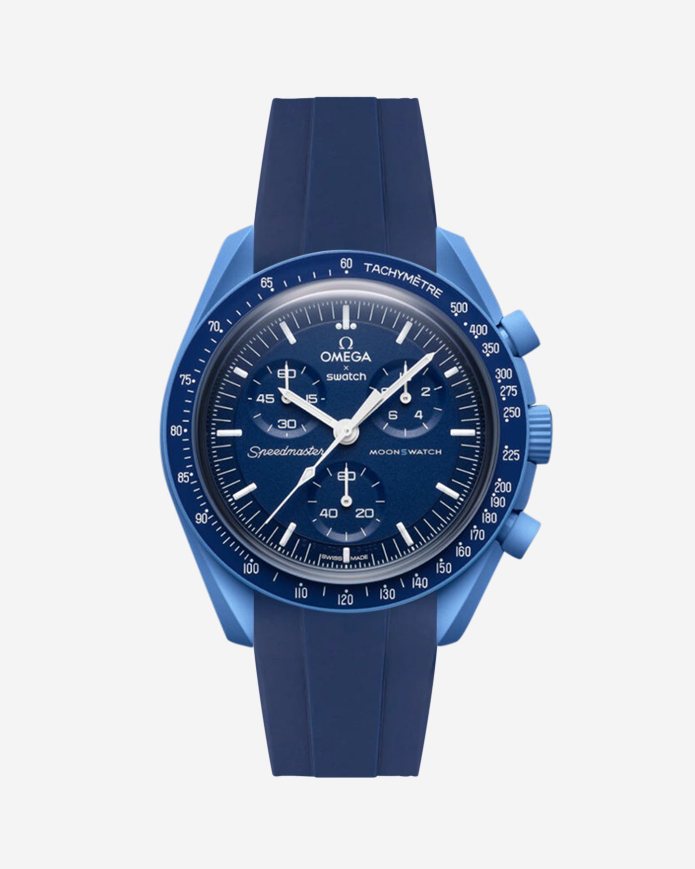 Omega X Swatch Neptune watch with a blue rubber watch strap and detailed face on a white background