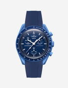 Omega X Swatch Neptune watch with a blue rubber watch strap and detailed face on a white background