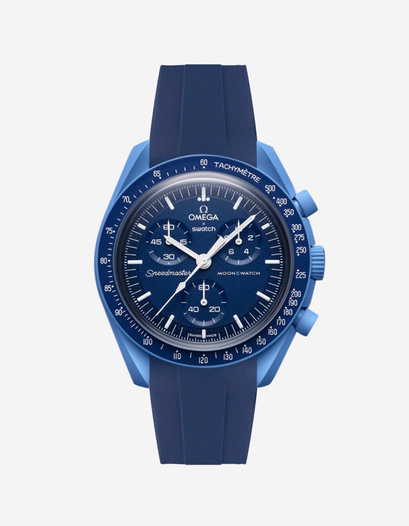 Omega X Swatch Neptune watch with a blue rubber watch strap and detailed face on a white background