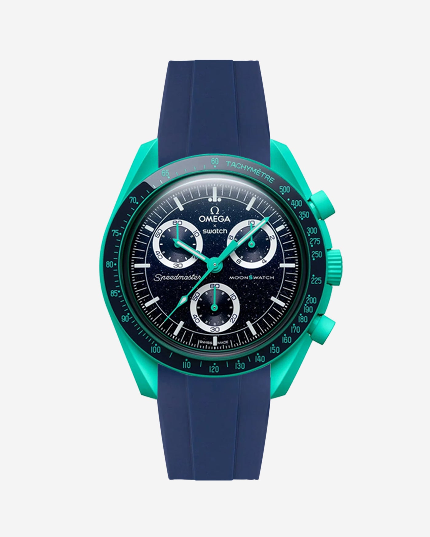 Omega X Swatch watch with blue strap and green bezel on a white background