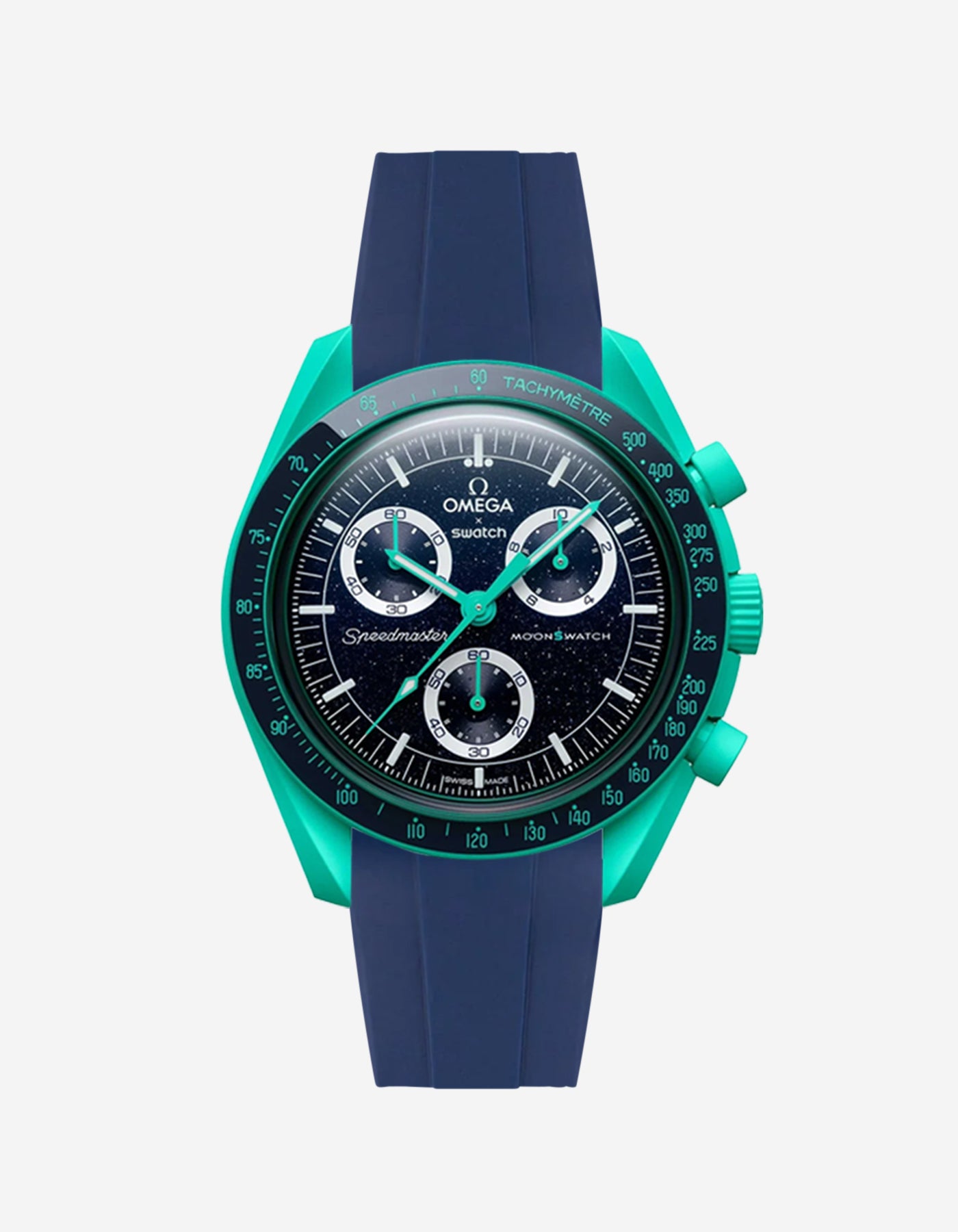 Omega X Swatch watch with blue strap and green bezel on a white background