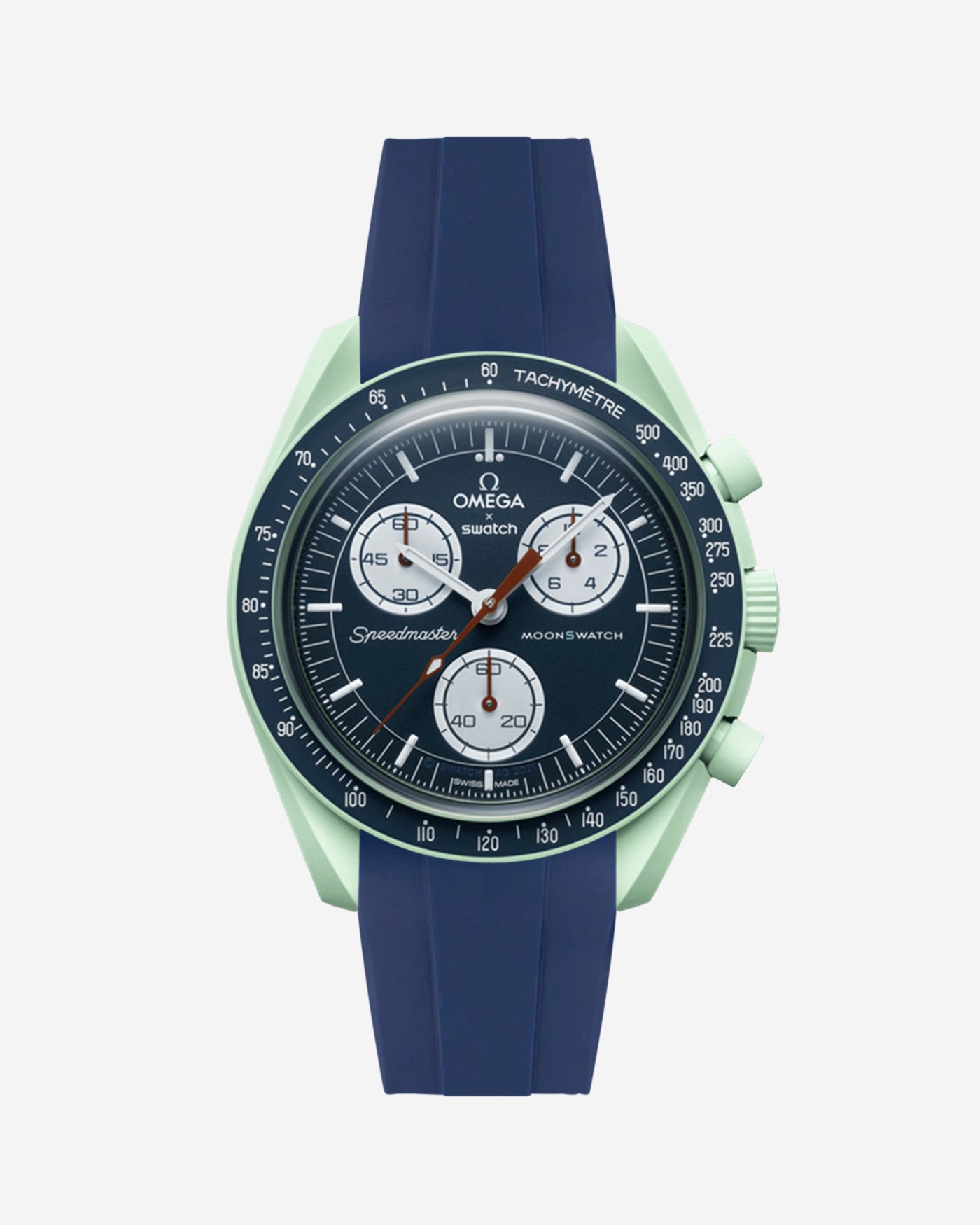 Omega X Swatch Mission on Earth watch with a blue rubber watch strap and detailed face on a white background