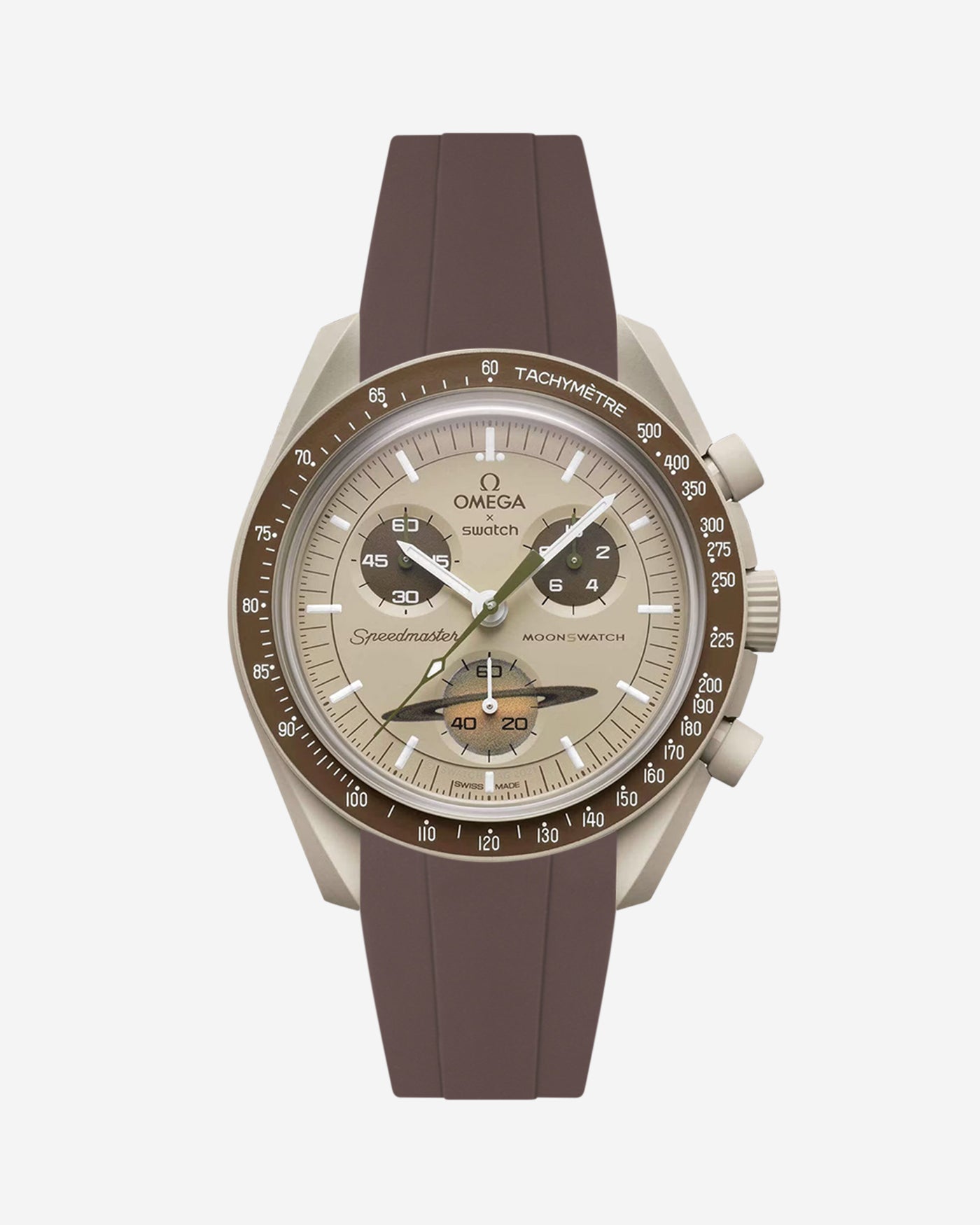 Omega watch with brown strap on a white background