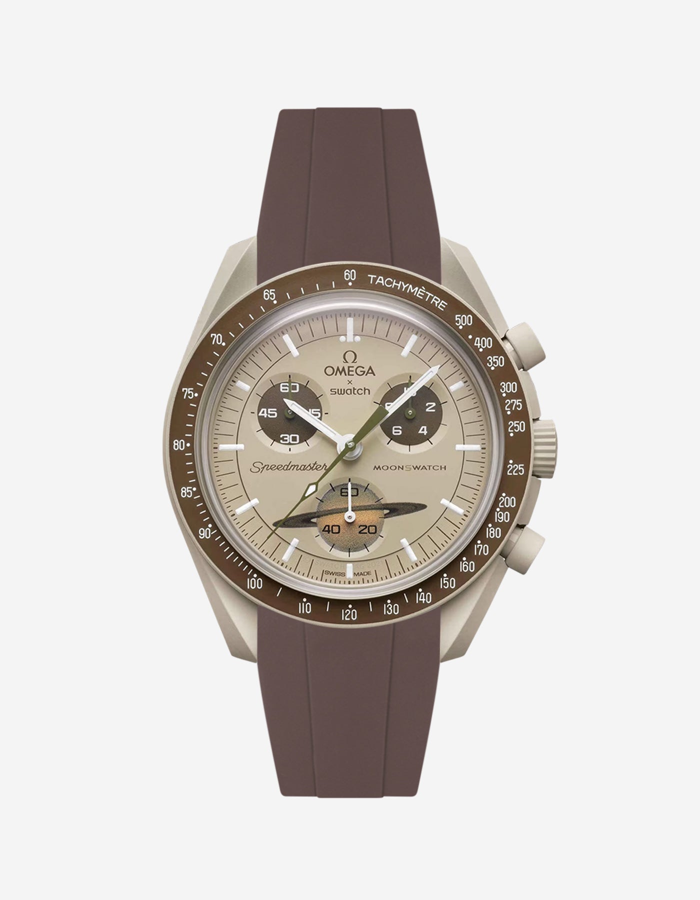 Omega watch with brown strap on a white background