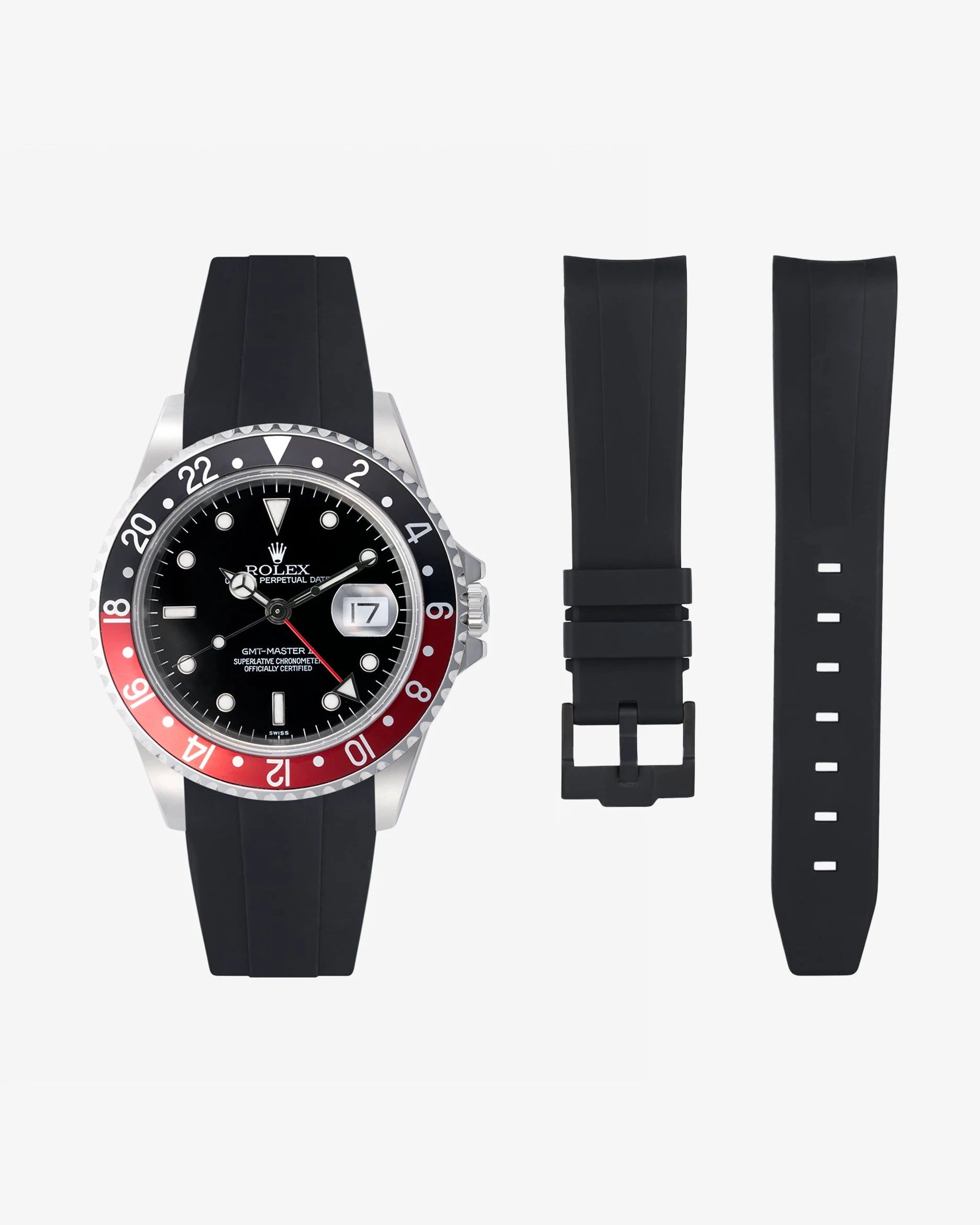 Black FKM rubber strap for Rolex GMT Master II 16710 Coke shown with watch and separate strap parts