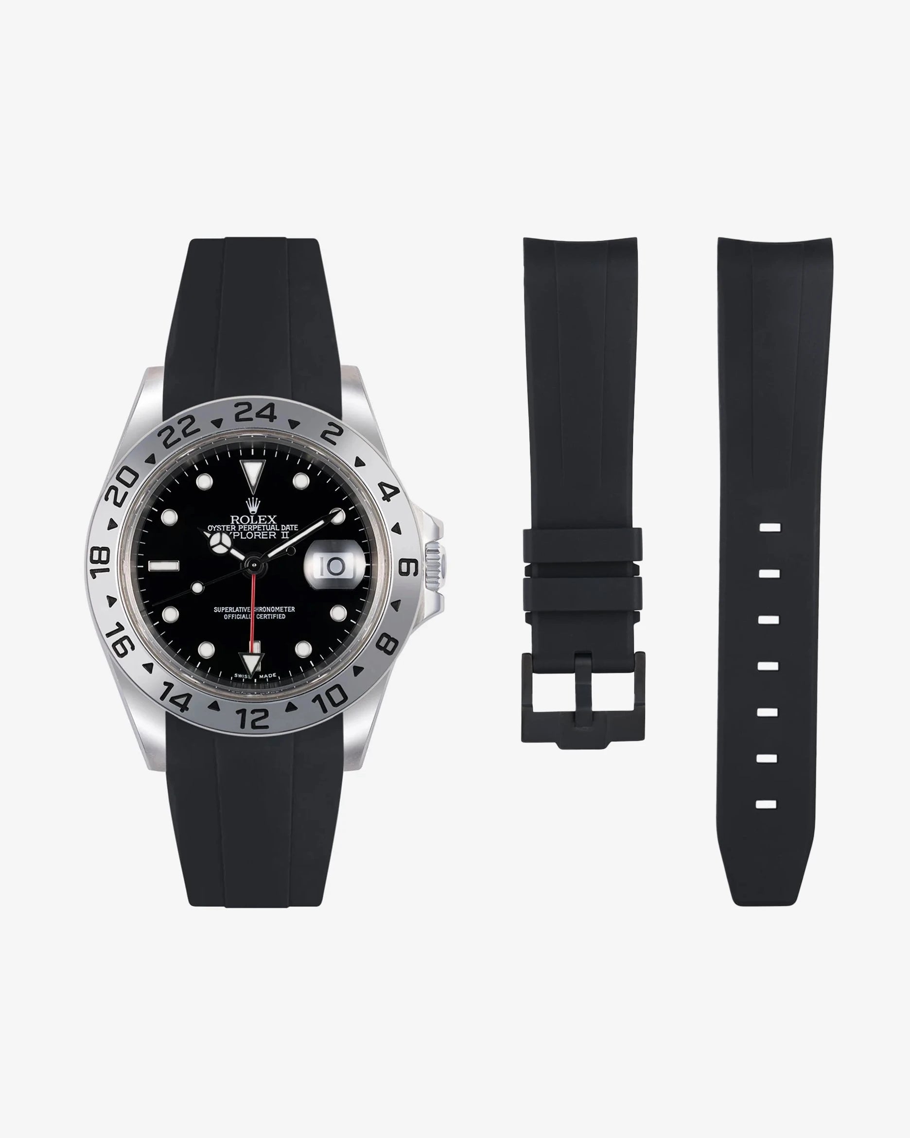 Black FKM rubber strap for Rolex Explorer II 16570 shown with watch and separate strap components