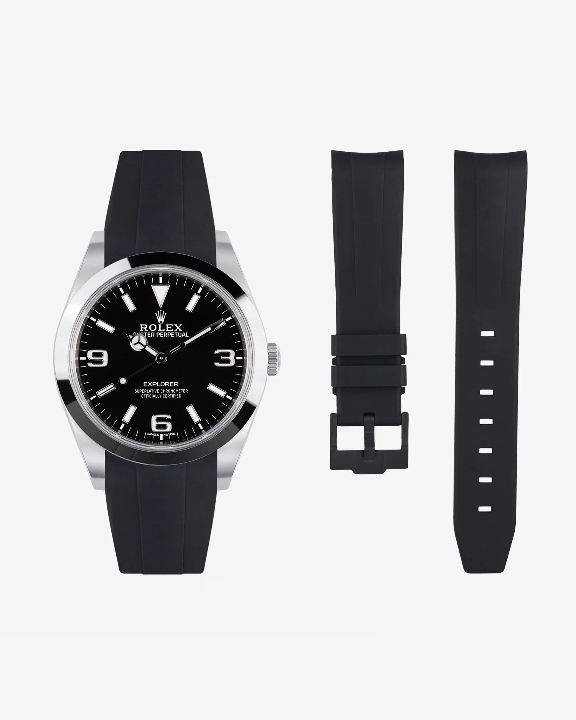 Black FKM rubber strap for Rolex Explorer 214270 shown with watch and separated strap parts