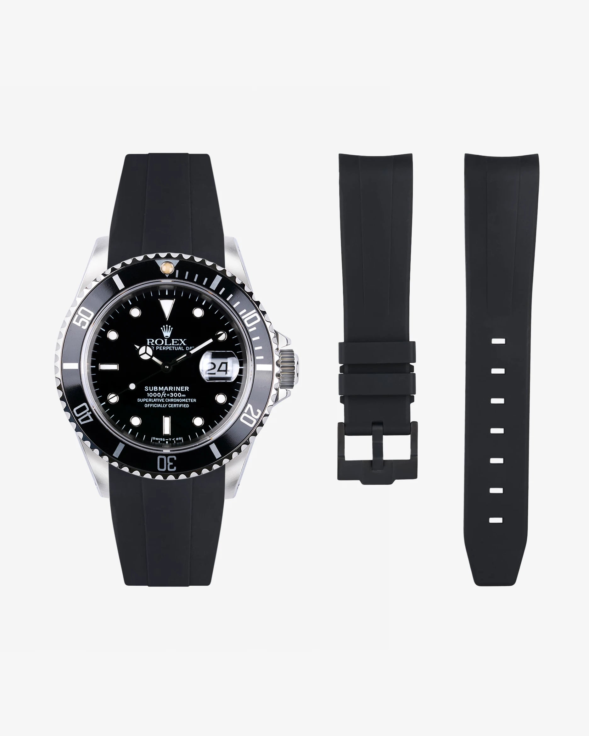 Black FKM rubber strap for Rolex Submariner 16610 shown with watch and separate strap parts