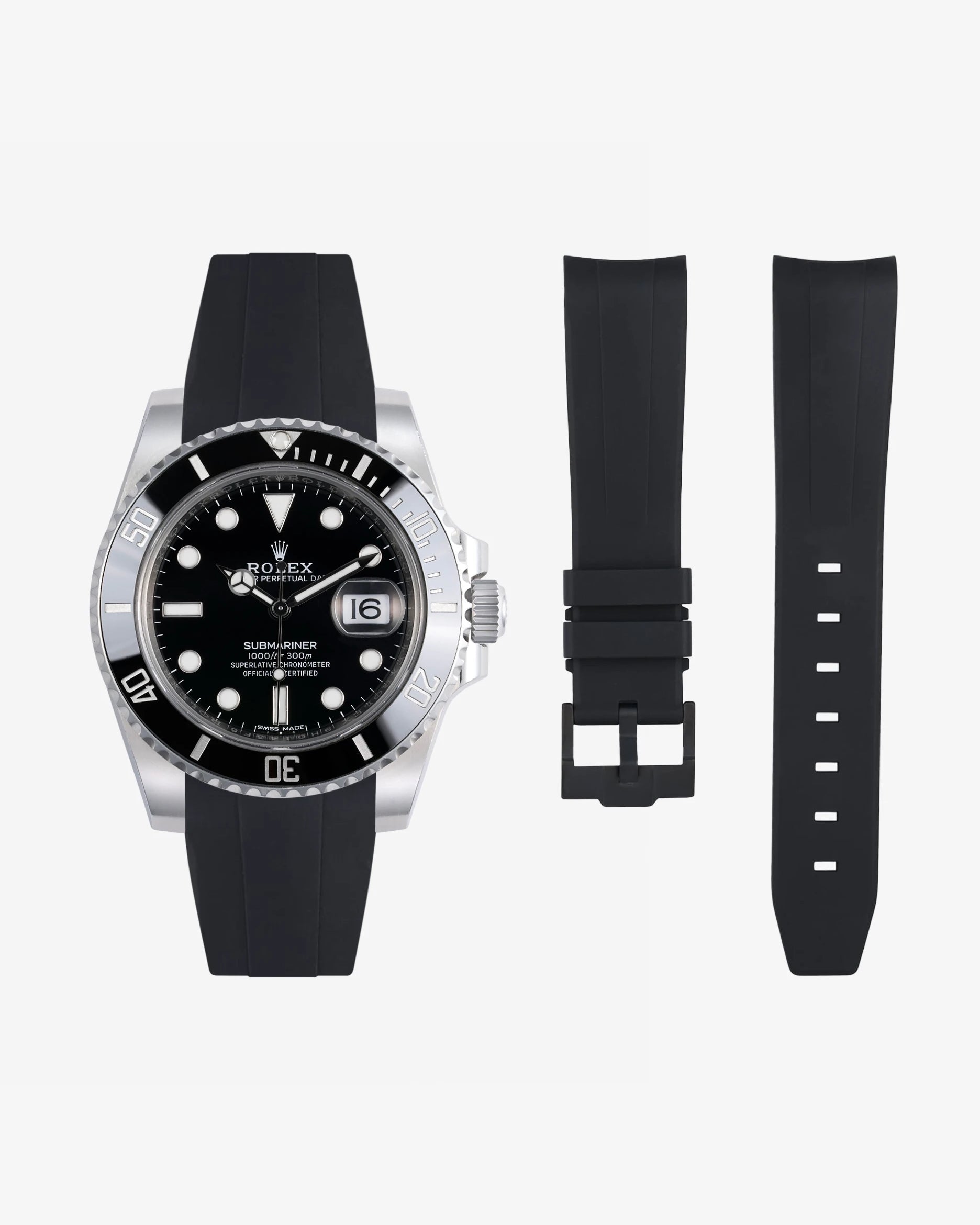 Black FKM rubber strap for Rolex Submariner 116610LN shown with watch and separate strap parts