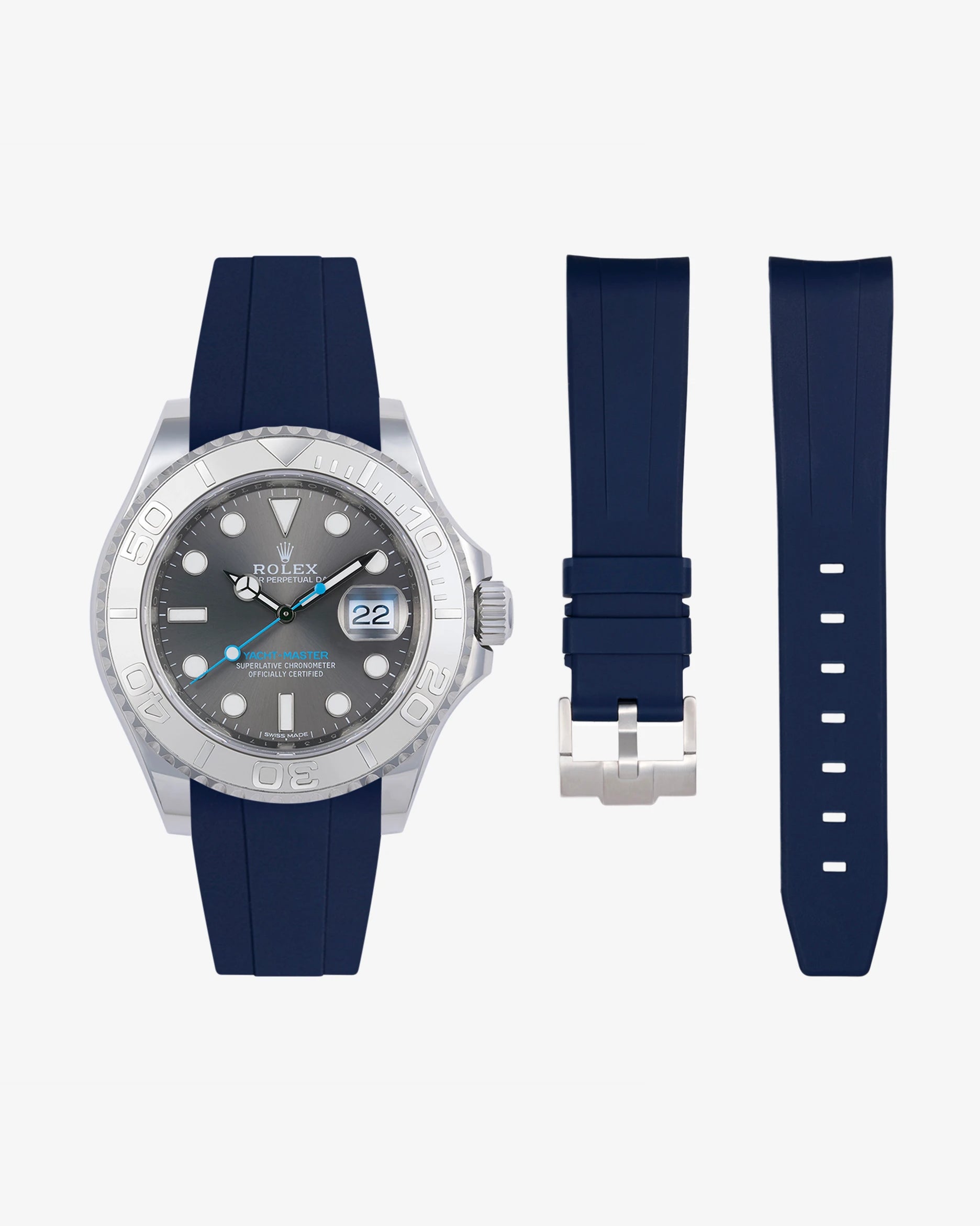 Dark blue FKM rubber strap for Rolex Yacht-Master 116622 and 126622 shown with watch and separate strap parts