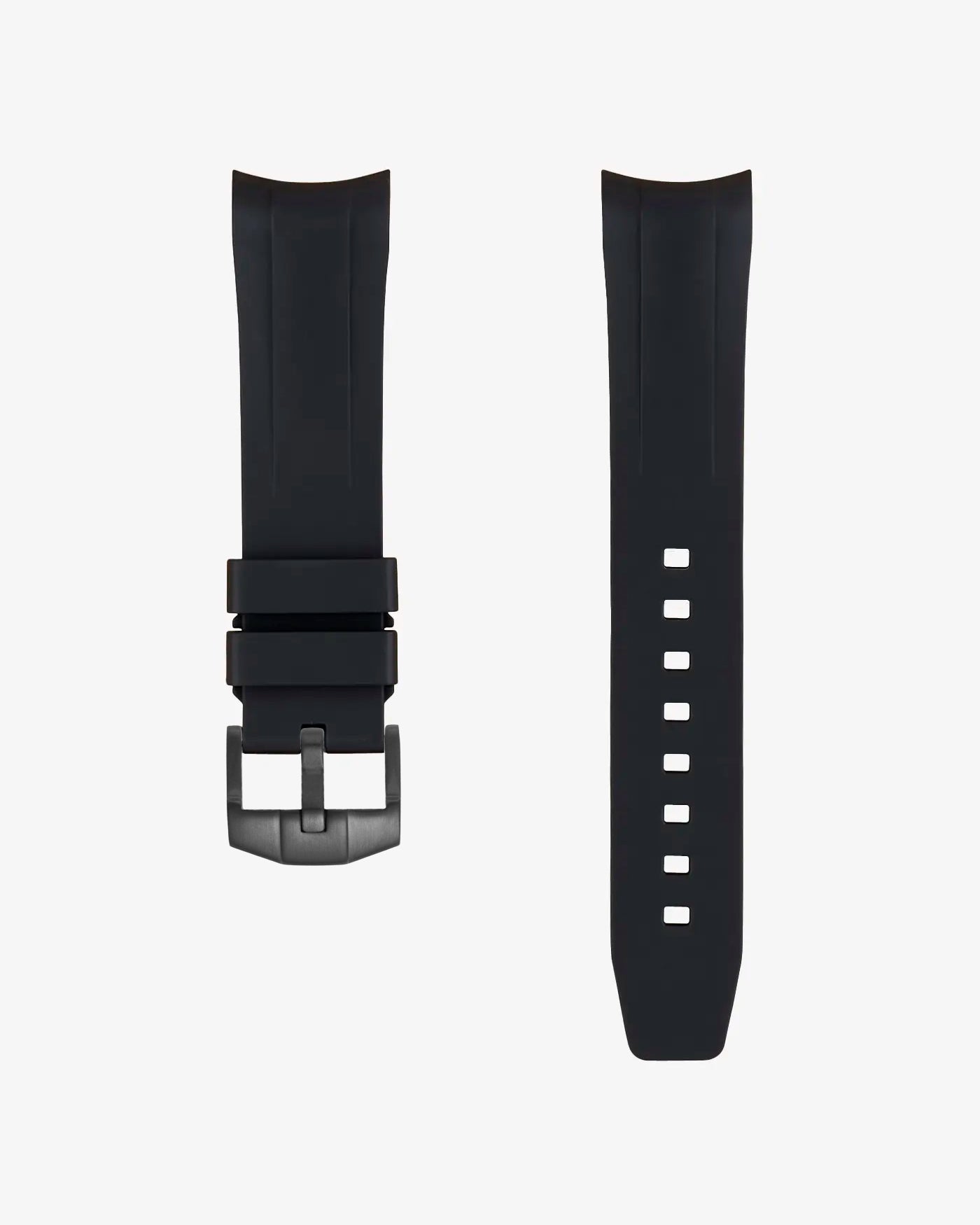 Black FKM rubber strap for Tudor Black Bay 54 with black PVD buckle on a white background