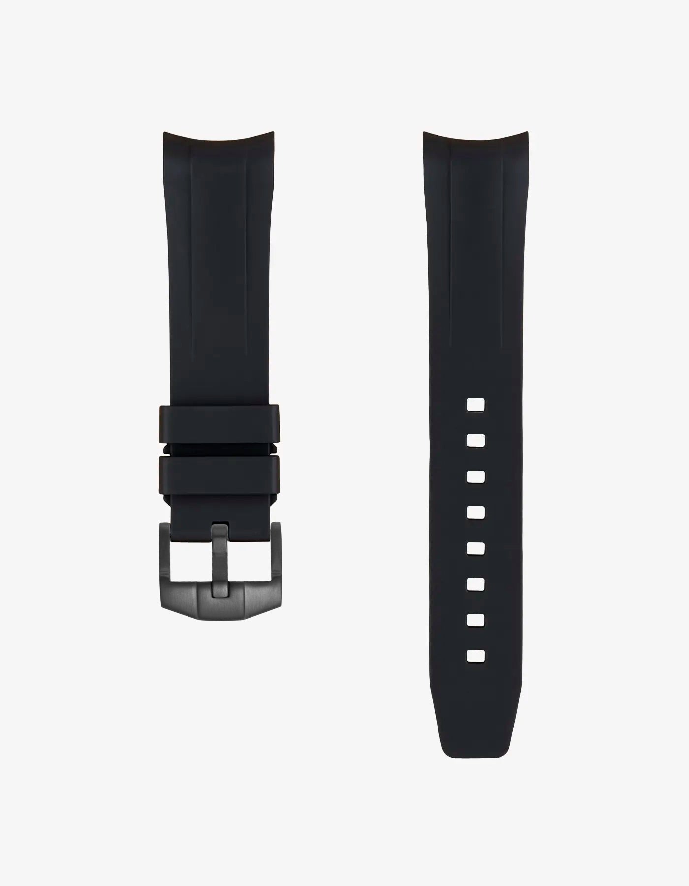 Black FKM rubber strap for Tudor Black Bay 54 with black PVD buckle on a white background