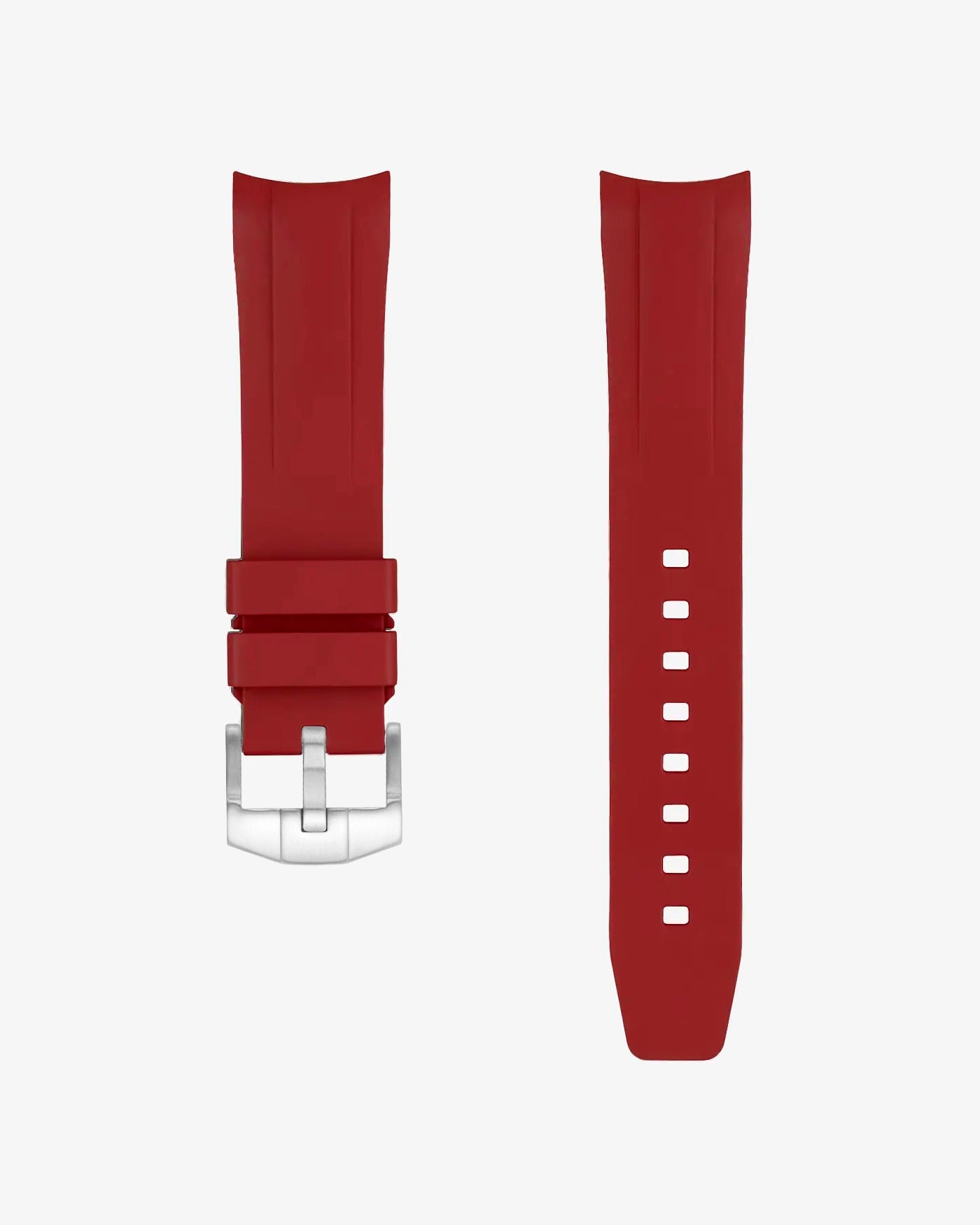 Burgundy red FKM rubber strap for Tudor Black Bay 54 with stainless steel buckle on a white background