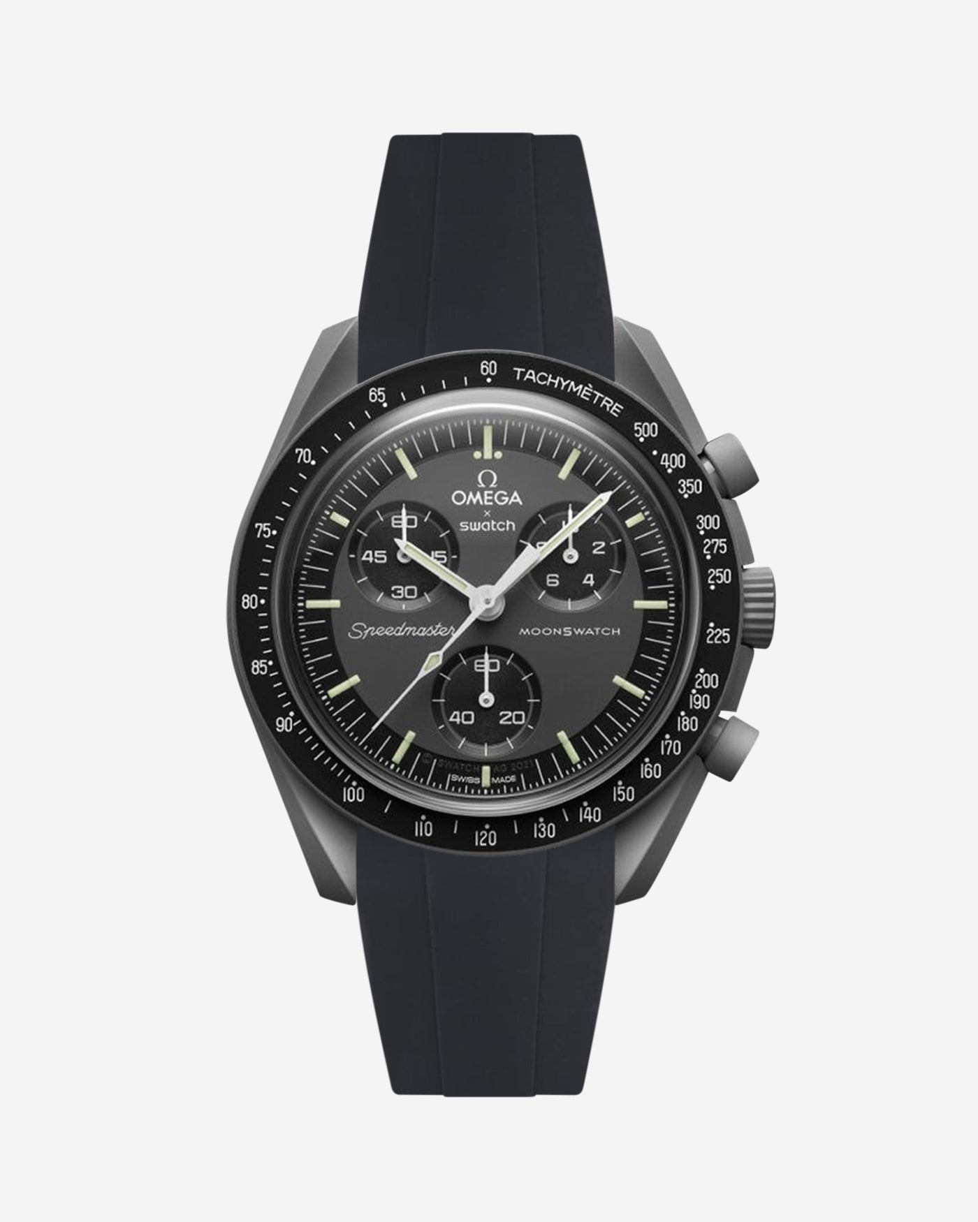 Black Omega  X Swatch Mercury  watch with detailed face on a white background