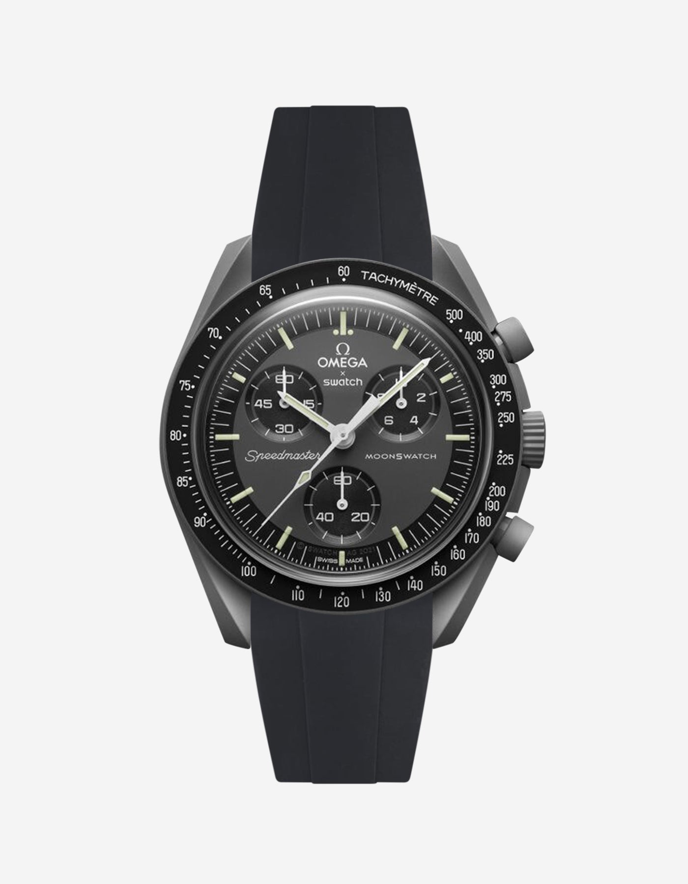 Black Omega  X Swatch Mercury  watch with detailed face on a white background