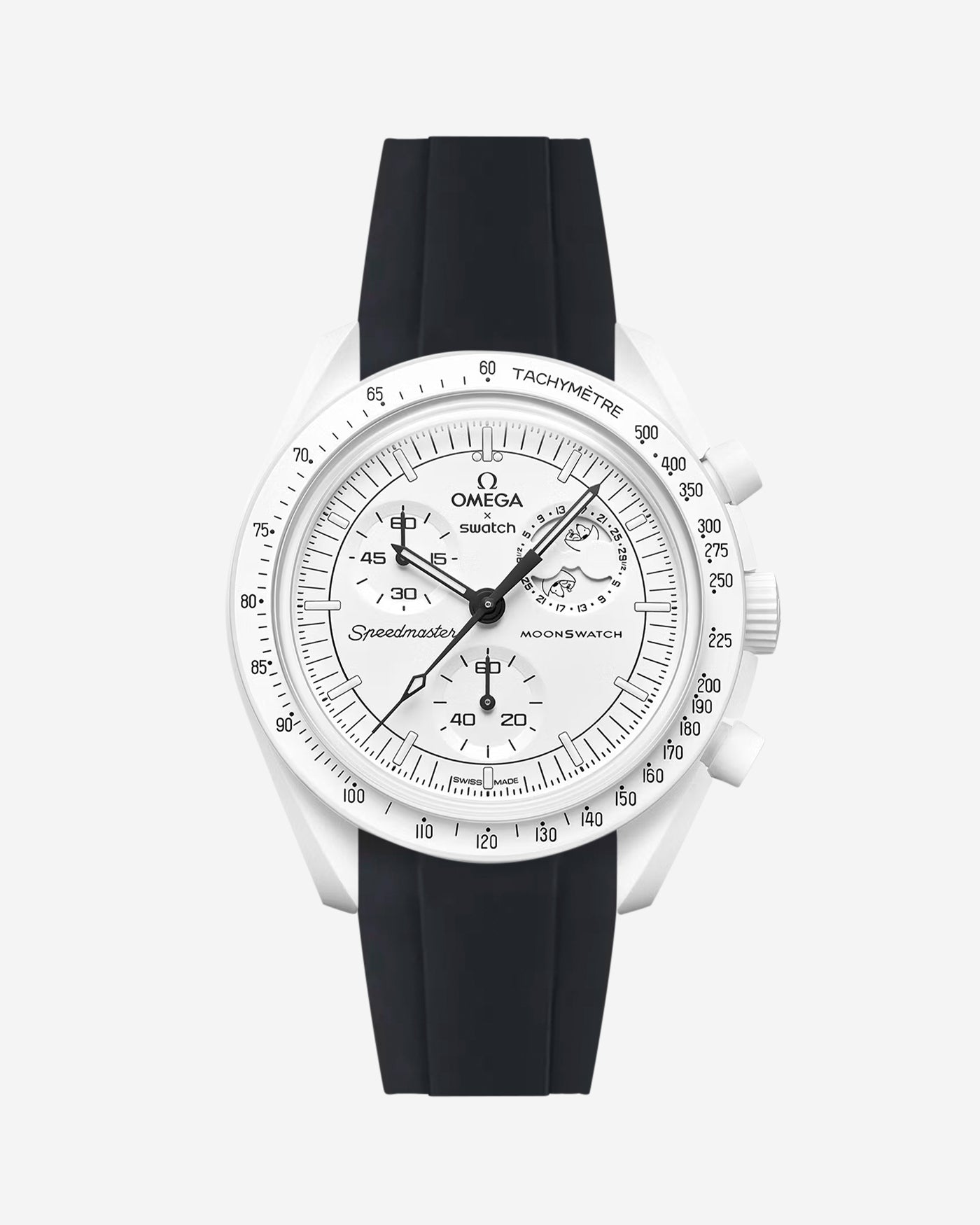 Omega X Swatch MoonSwatch Mission to the MoonPhase on a full black fkm rubber watch strap with a white background showcasing both the watch and the watch strap from Wristbuddys