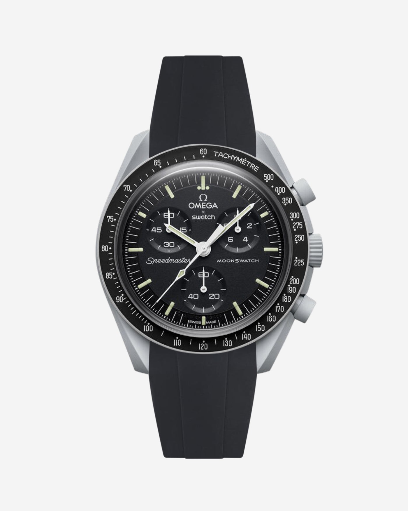Omega watch with black rubber strap on a white background