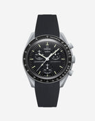 Omega watch with black rubber strap on a white background