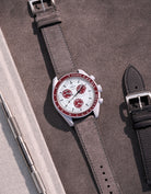 Leather Strap for Omega X Swatch Mission to Pluto in grey suede – watch lying flat