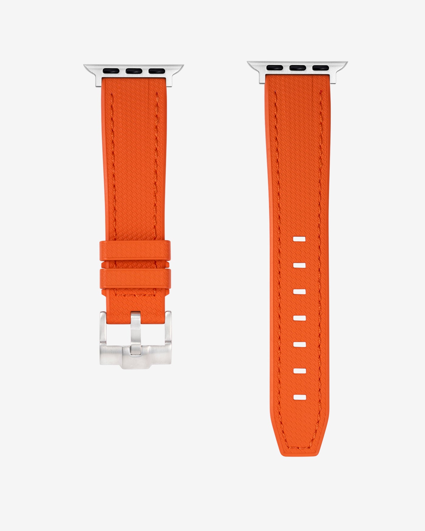 Close up Orange Rubber Apple Watch Band with silver buckle – front view