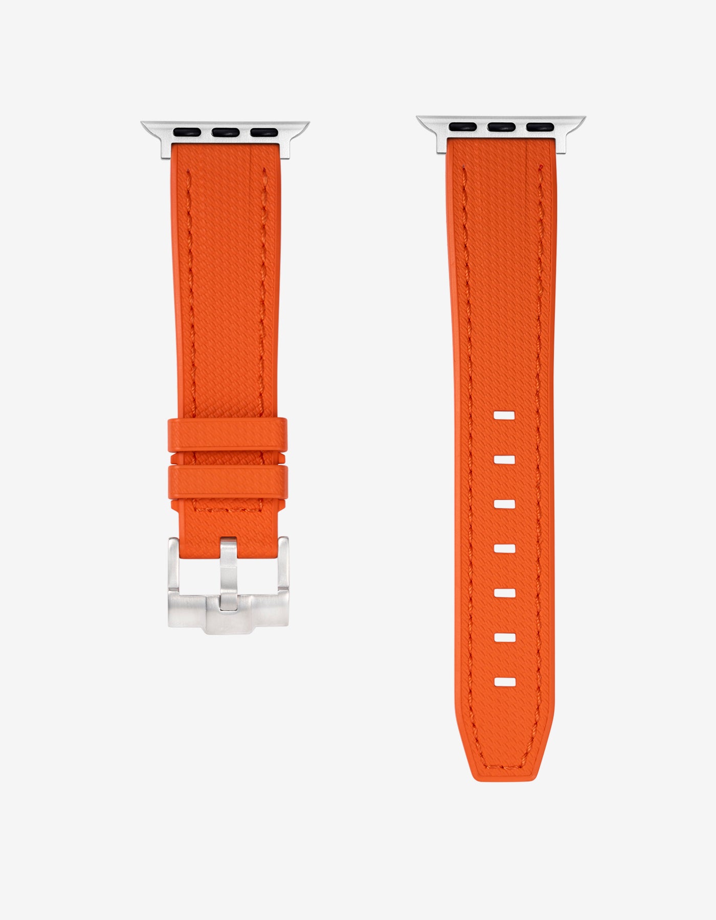 Close up Orange Rubber Apple Watch Band with silver buckle – front view