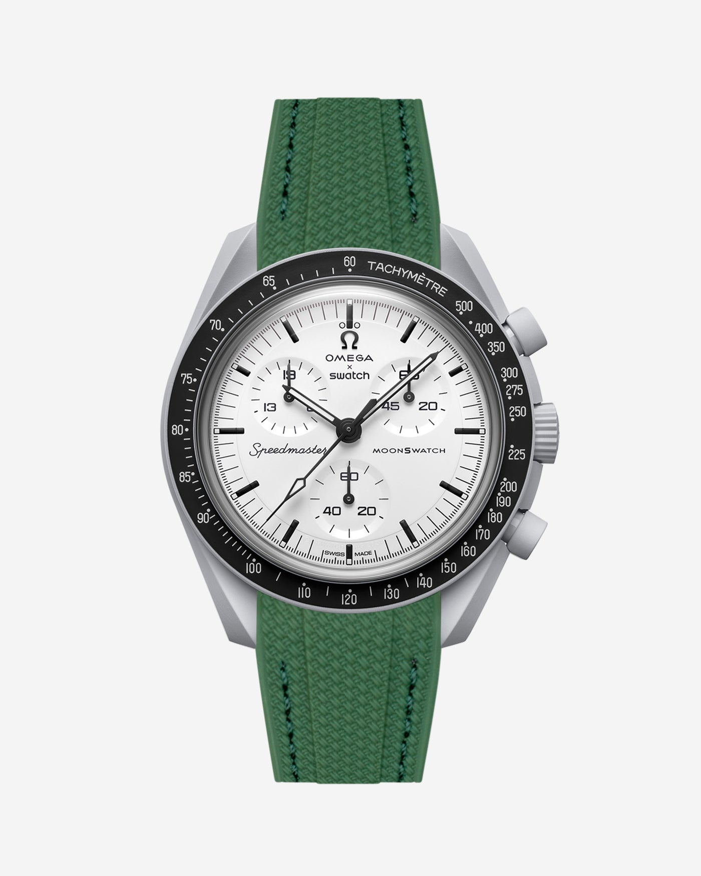 Omega X Swatch MoonSwatch 1965 watch with green strap and white face on a light gray background