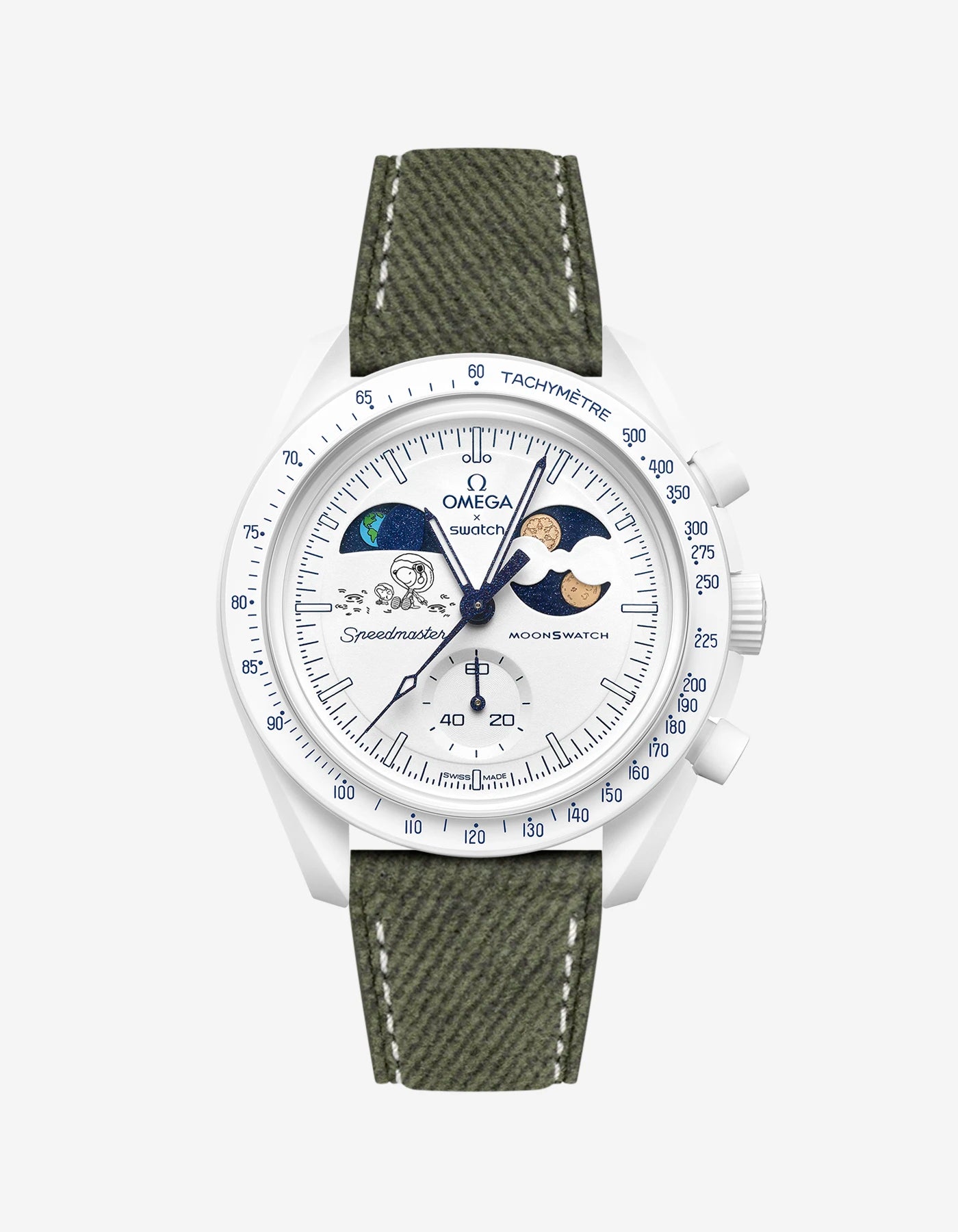 Military green Leather Strap on Omega x Swatch MoonSwatch Mission To Earthphase - Moonshine Gold Cold Moon