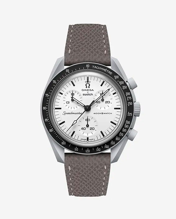 Grey Epsom leather strap mounted on Omega X Swatch MoonSwatch 1965 | front view with white dial