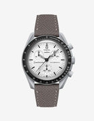 Grey Epsom leather strap mounted on Omega X Swatch MoonSwatch 1965 | front view with white dial