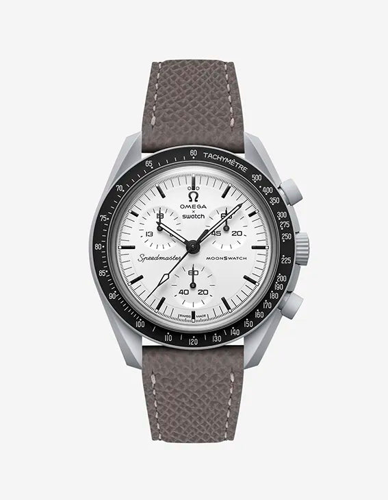 Grey Epsom leather strap mounted on Omega X Swatch MoonSwatch 1965 | front view with white dial