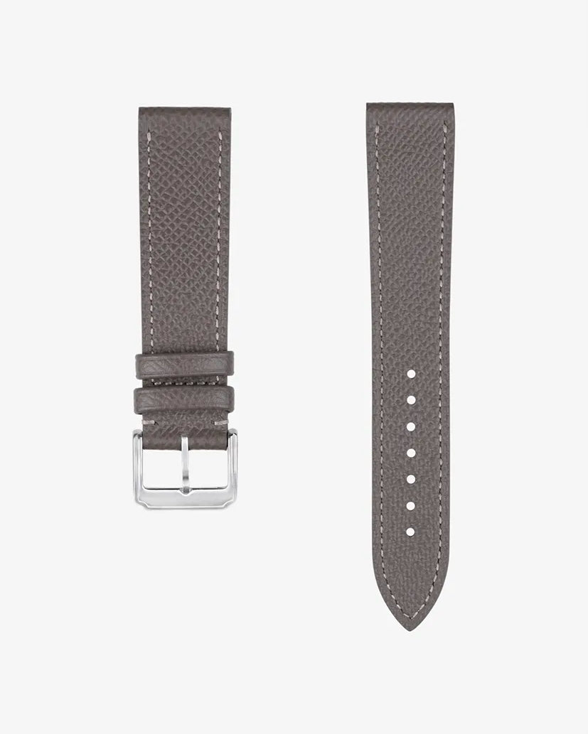 Grey Epsom leather watch strap for Omega X Swatch MoonSwatch 1965 | flat lay showing quick-release system and 316L clasp