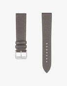 Grey Epsom leather watch strap for Omega X Swatch MoonSwatch 1965 | flat lay showing quick-release system and 316L clasp