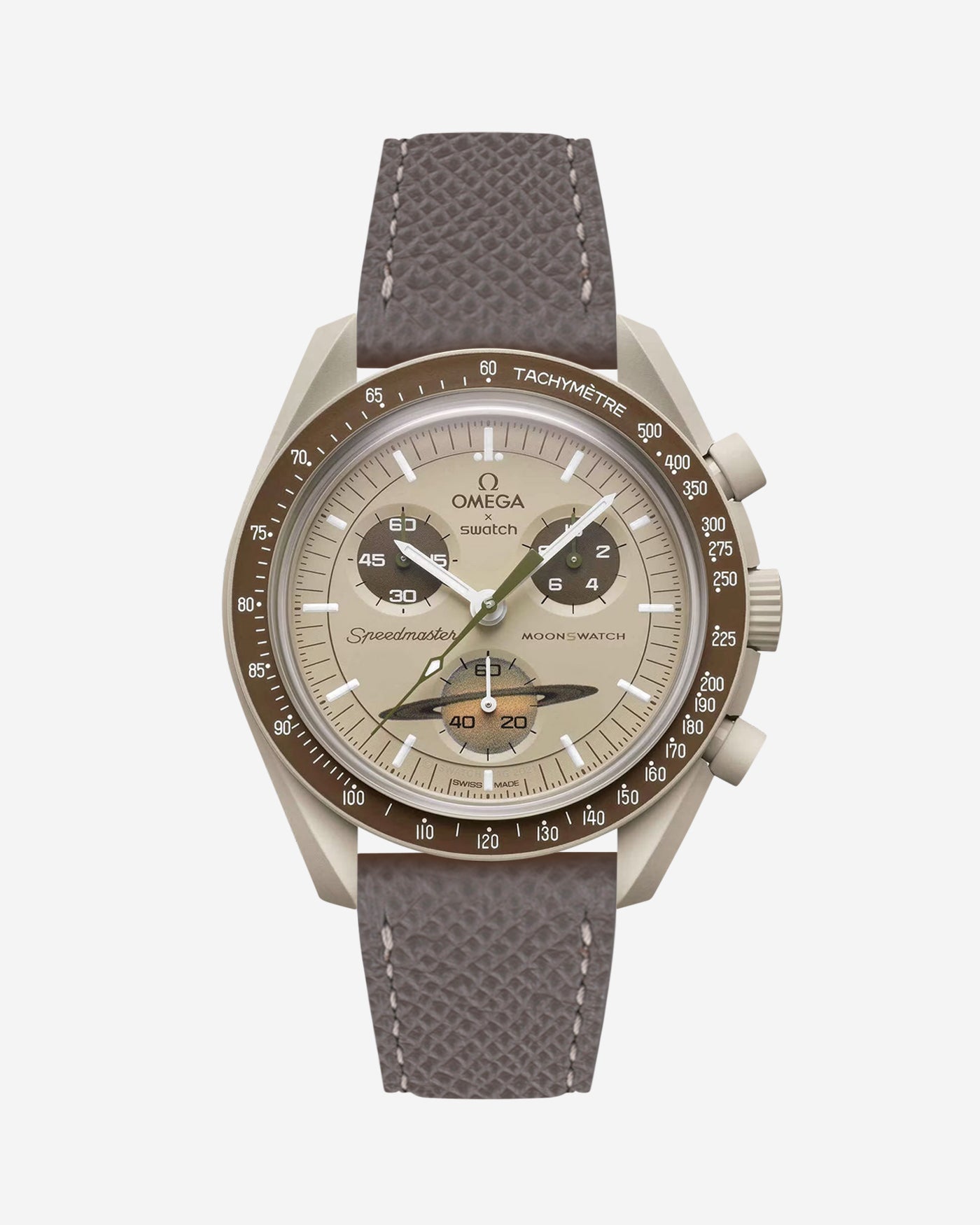 Grey Epsom leather strap on Omega x Swatch Mission to Saturn Watch