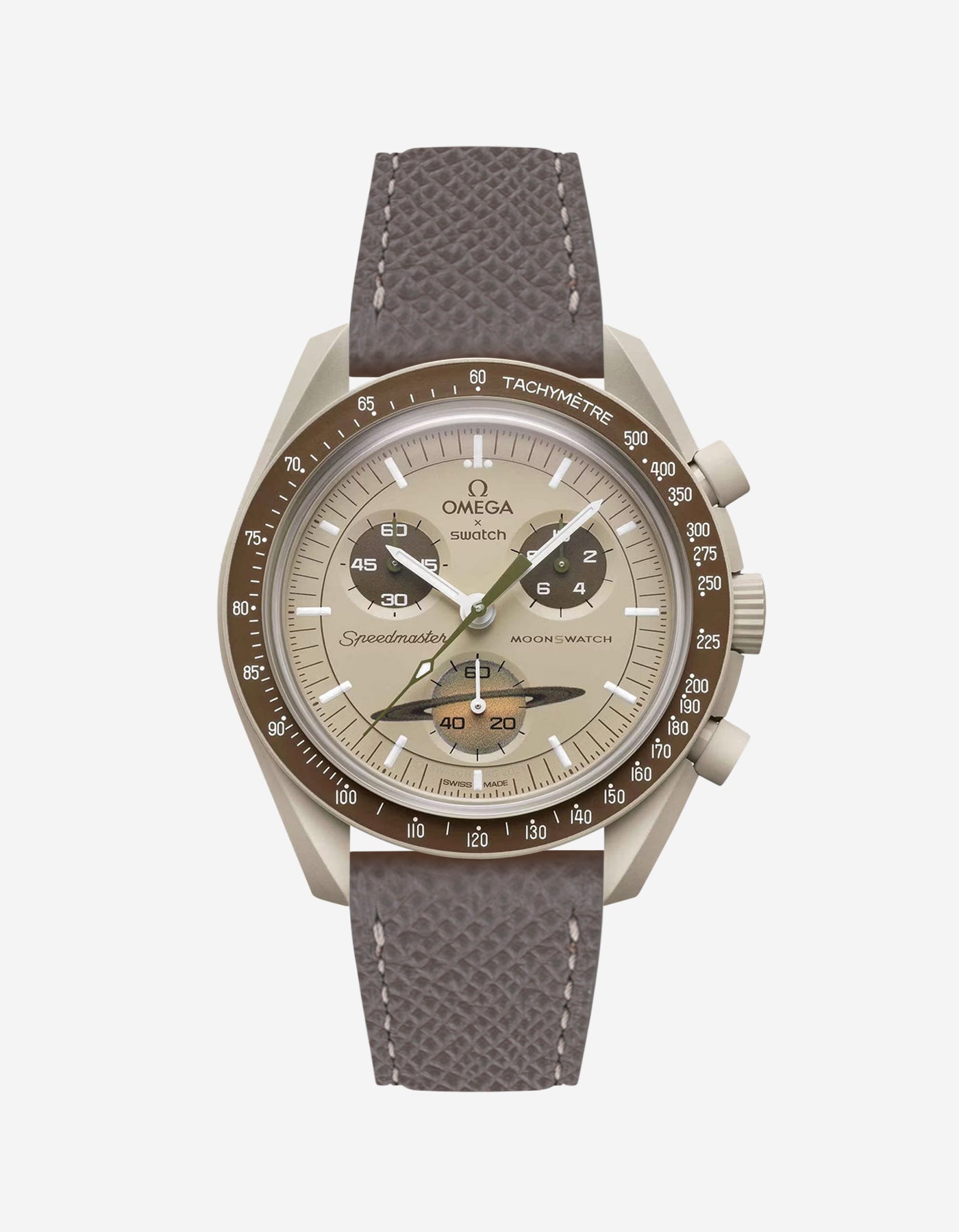 Grey Epsom leather strap on Omega x Swatch Mission to Saturn Watch