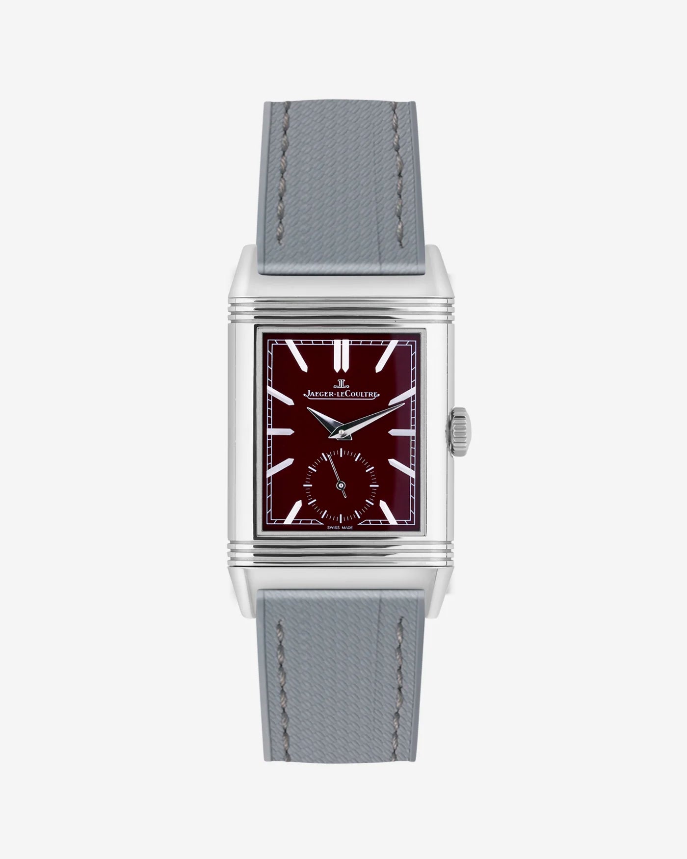 Grey FKM rubber strap mounted on Jaeger LeCoultre Reverso watch 20mm with polished buckle, front-facing image