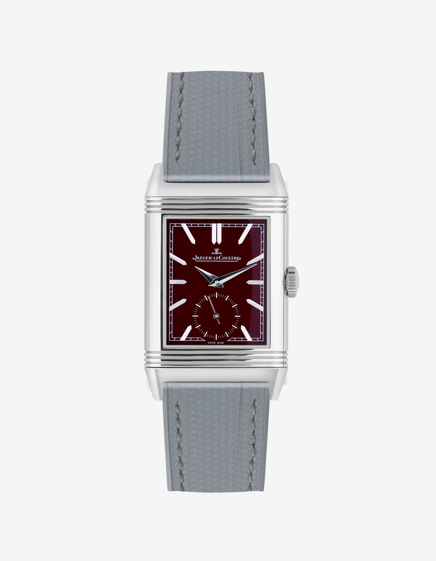 Grey FKM rubber strap mounted on Jaeger LeCoultre Reverso watch 20mm with polished buckle, front-facing image