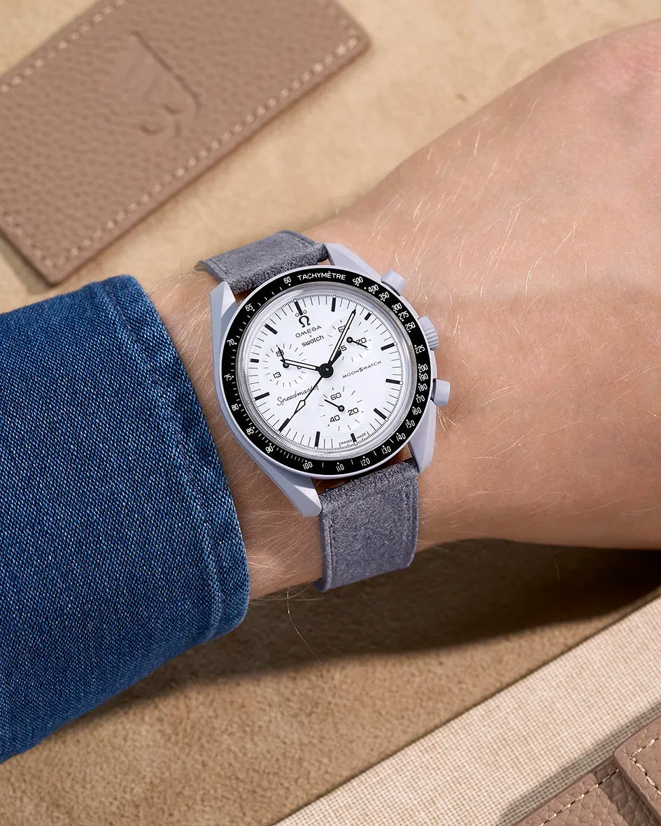 Omega X Swatch MoonSwatch 1965 with Grey suede strap on wrist | handmade leather band in lifestyle context