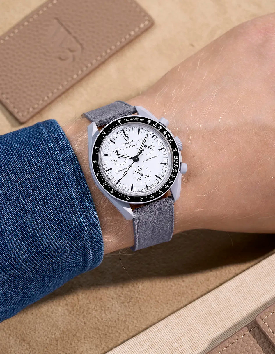 Omega X Swatch MoonSwatch 1965 with Grey suede strap on wrist | handmade leather band in lifestyle context