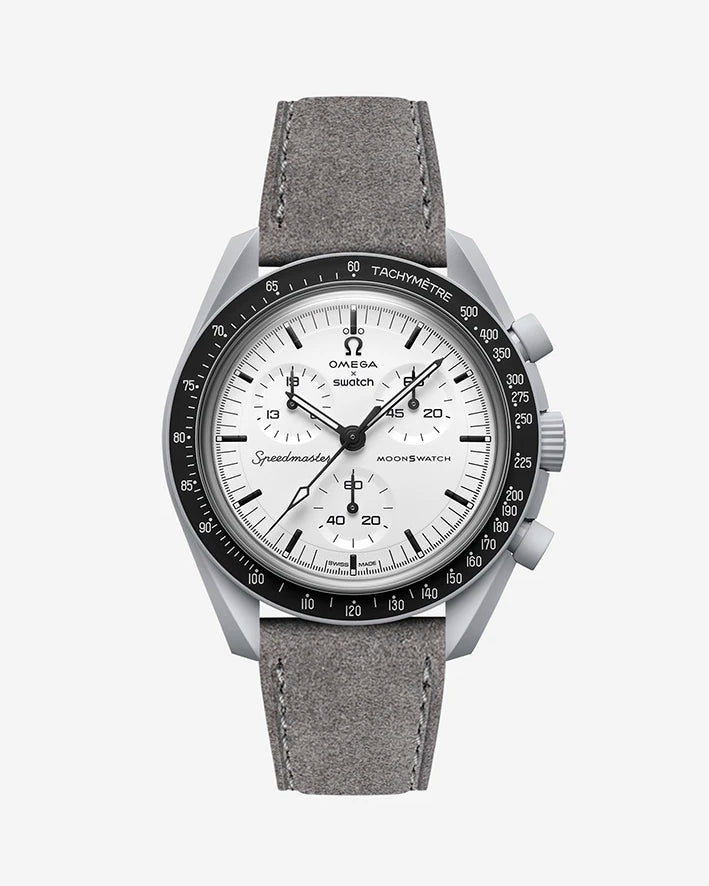 Grey suede leather strap on Omega X Swatch MoonSwatch 1965 | front view